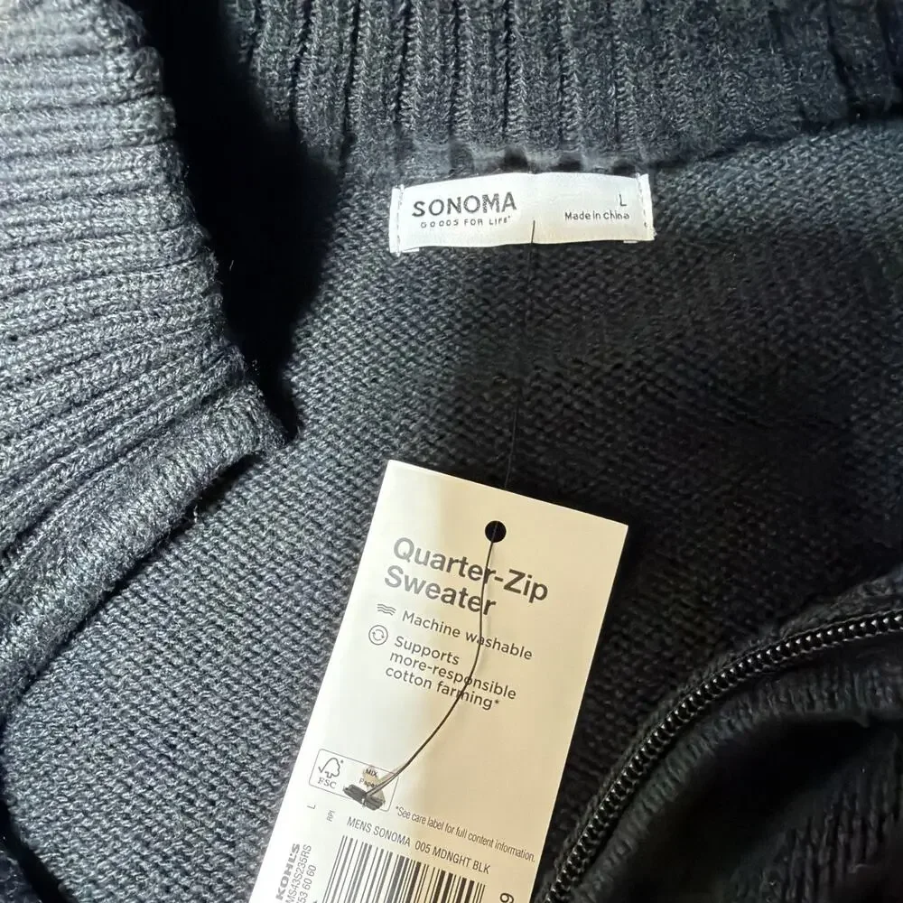 NEW Mens L Sonoma Midnight Black Pull-Over Quarter Zip Sweater Top - NWT